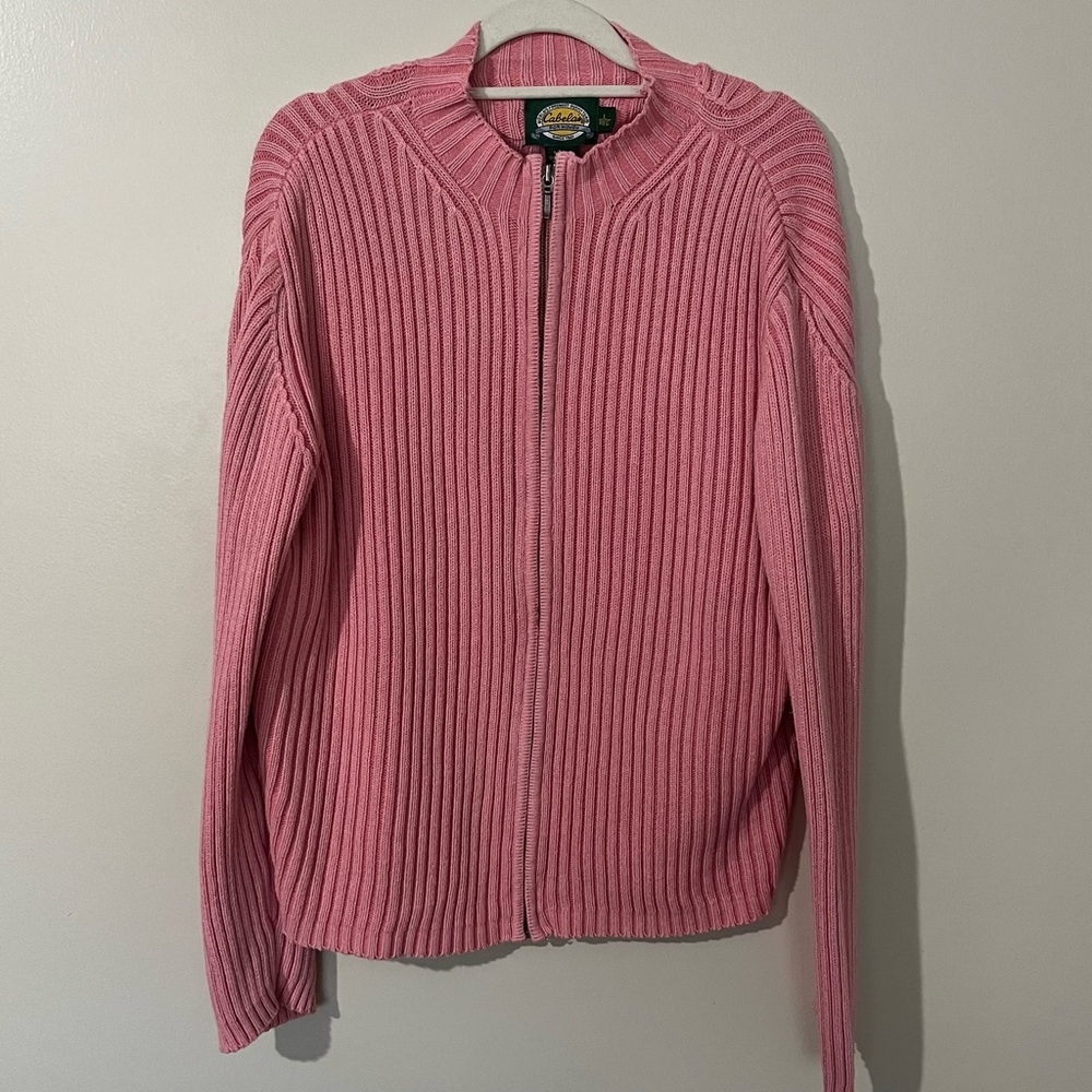 Cabela’s Womens Ribbed Zip Up Ribbed Knit Sweater Cozy Colorful Girly Pink Large
